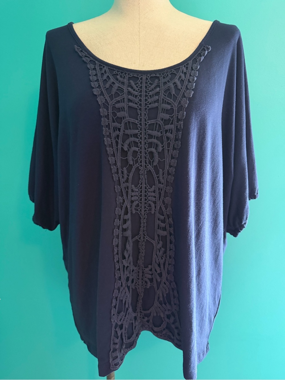 Eyeshadow Navy Crochet Panel Scoop Neck Tunic